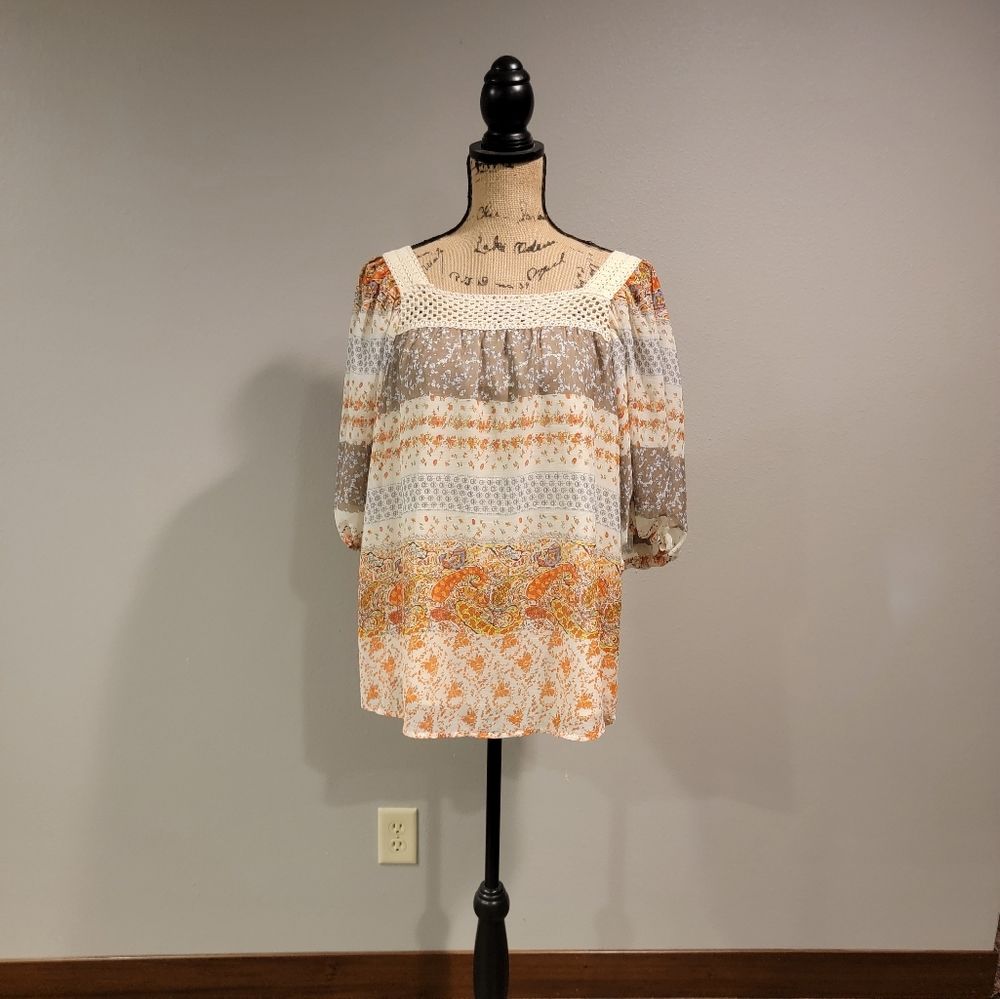 Patchwork Stripes Crochet Trim Top
